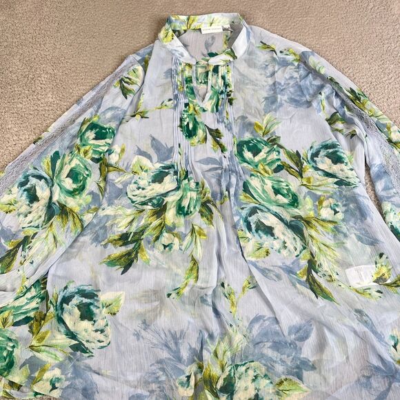Susan Graver Blouse 3X Blue Green Sheer V Neck Pleated Long Sleeve QVC Flowy - Picture 1 of 14